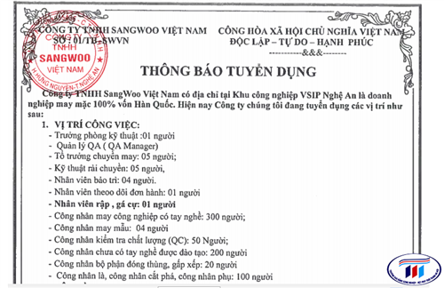 Công ty TNHH SANGWOO Việt Nam thông báo tuyển dụng