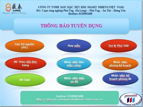 Thông báo tuyển dụng Công ty TNHH May mặc Dệt kim Smart shirts Việt Nam