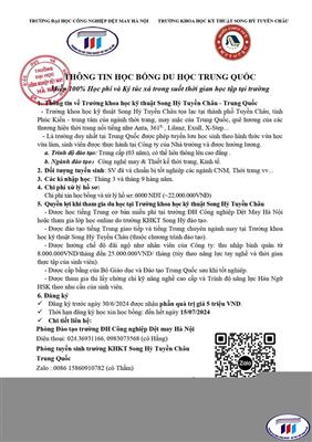 Thông báo học bổng du học Trung Quốc - Trường KHKT Song Hỷ