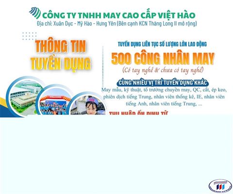 Tuyển dụng tháng 6/2025 - Công ty TNHH May cao cấp Việt Hào