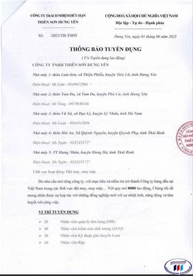 Tuyển dụng tháng 6/2025 Công Ty TNHH Thiên Sơn Hưng Yên