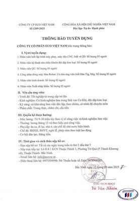TUYỂN DỤNG GẤP: CƠ HỘI LÀM VIỆC TẠI CÔNG TY CỔ PHẦN ECO VIỆT NAM